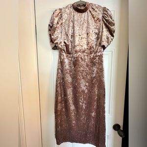 Pink Mauve Crushed Velvet Puff Sleeve Midi Dress